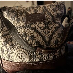 Myra freaky leather shoulder bag tribal floral print with leather trim boho Chic
